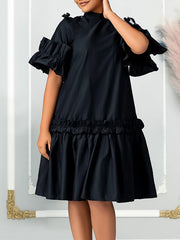 Pleated Solid Color Split-Joint Zipper A-Line Half Sleeves Mock Neck Midi Dresses