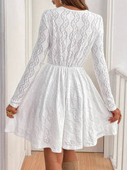 Hollow Lacy Solid Color Split-Joint High Waisted Long Sleeves V-Neck Mini Dresses