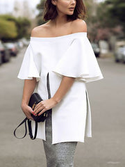 Elasticity Solid Color Split-front Split-side Flared Sleeves Half Sleeves Off-the-shoulder Blouses&shirts Tops