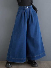 Elasticity Pleated Pockets High Waisted Loose Trousers Jean Pants Bottoms