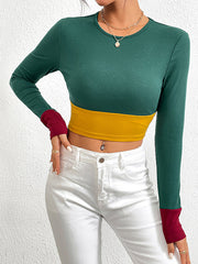 Contrast Color Long Sleeves Skinny Round-Neck T-Shirts Tops
