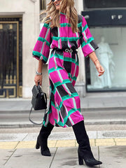 Contrast Color No Belt Pleated Half Sleeves Loose Round-Neck Midi Dresses