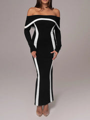 Contrast Color Split-Joint Bodycon Long Sleeves Off-The-Shoulder Maxi Dresses Evening Dresses
