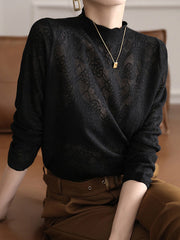 Hollow Jacquard Solid Color Long Sleeves T-Shirts Tops Knitwear