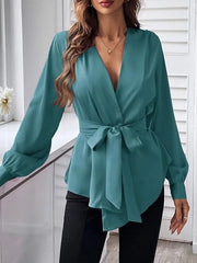 Pleated Solid Color Split-Joint Tied Waist Loose Puff Sleeves V-neck Blouses&shirts Tops
