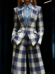 Long Sleeves Loose Buttoned Contrast Color Plaid Pockets Notched Collar Blazer Outerwear