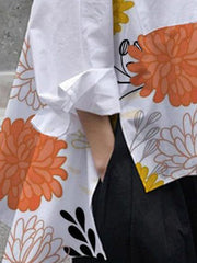 Floral Printed Split-Joint Split-Side High-Low Long Sleeves Lapel Blouses&Shirts Tops