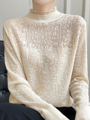 Crochet Solid Color Long Sleeves Loose Mock Neck T-Shirts Tops