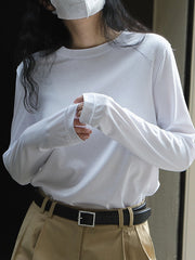 Simple Loose Long Sleeves Solid Color Round-Neck T-Shirts Tops