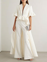 Flared Sleeves Half Sleeves Ruffle Trim Solid Color Deep V-Neck Blouses&Shirts Tops Outerwear
