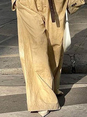 Long Sleeves Buttoned Collarless Outerwear Top + Wide Leg Belted Jumpsuits Two Pieces Set