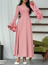 Pleated Solid Color A-Line Flared Sleeves Round-Neck Midi Dresses
