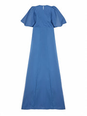 Pleated Solid Color Split-Joint A-line Long Sleeves V-neck Maxi Dresses