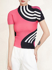 Contrast Color Printed Short Sleeves Mock Neck T-Shirts Tops