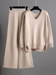 Urban Loose Solid Color V-Neck Sweater Tops& Wide Leg Pants Suits