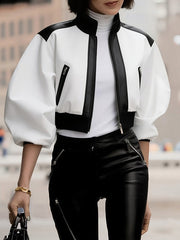Puff Sleeves Contrast Color Split-Joint Zipper Stand Collar Jackets&Coats