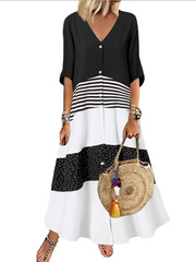 Original Creation Half Sleeves Loose Buttoned Contrast Color Striped V-Neck Maxi Dresses