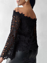 Hollow Solid Color Flared Sleeves Long Sleeves Off-The-Shoulder T-Shirts Tops