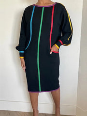 Long Sleeves Puff Sleeves Contrast Color Pockets Round-Neck Midi Dresses