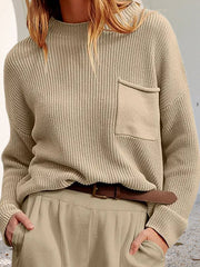 Pockets Solid Color Long Sleeves Loose Round-Neck Sweater Tops Pullovers Knitwear