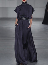 Loose Raglan Sleeve Solid Color Split-Joint Tied Waist High Neck Maxi Dresses