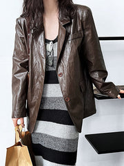 Buttoned Pockets Solid Color Long Sleeves Loose Notched Collar Outerwear