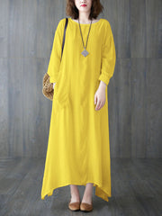 Casual Long Sleeves Loose Solid Color Round-Neck Maxi Dresses