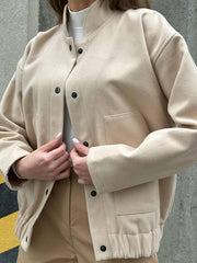 Buttoned Elasticity Pockets Solid Color Split-Joint Long Sleeves Loose Stand Collar Outerwear Jackets