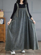 Pleated Pockets Solid Color Split-Joint A-Line Loose Spaghetti-Neck Suspender Dress