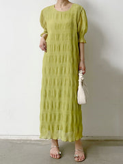 Pleated Solid Color Flared Sleeves Half Sleeves Round-Neck Midi Dresses