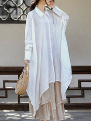 See-Through Solid Color Split-Joint Split-Side Loose Raglan Sleeve Lapel Blouses