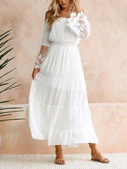 Pleated Solid Color Split-Joint High Waisted Loose Off-the-shoulder Maxi Dresses