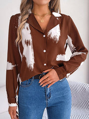 Buttoned Printed Long Sleeves Loose Notched Collar Blouses&Shirts Tops