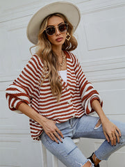 Casual Loose Long Sleeves Striped V-Neck Cardigan Tops