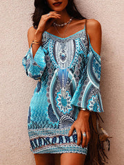 Hollow Printed Split-Joint High Waisted Loose Cold Shoulder Mini Dresses