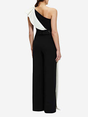 Contrast Color Split-Joint High Waisted Wide Leg One-shoulder Jumpsuits