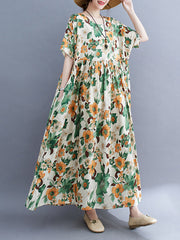 Floral Printed Pleated Split-Joint Loose Short Sleeves Round-Neck Midi Dresses
