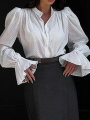 Jacquard Pleated Solid Color Split-Joint Flared Sleeves Loose Stand Collar Blouses