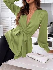 Pleated Solid Color Split-Joint Tied Waist Loose Puff Sleeves V-neck Blouses&shirts Tops
