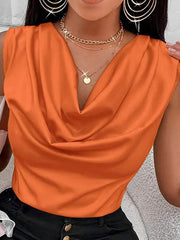 Pleated Solid Color Loose Sleeveless V-Neck Vest Top