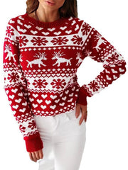 Contrast Color Knitted Flower Long Sleeves Round-Neck Sweater Tops Pullovers