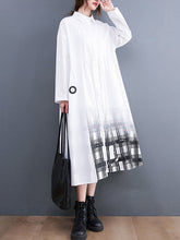 Buttoned Gradient Plaid A-Line Long Sleeves Lapel Midi Dresses