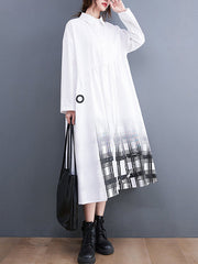 Buttoned Gradient Plaid A-Line Long Sleeves Lapel Midi Dresses