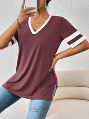 Split-Joint Split-Side Striped Loose Short Sleeves V-Neck T-Shirts Tops