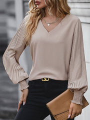 Elasticity Pleated Solid Color Long Sleeves Loose V-Neck T-Shirts Tops