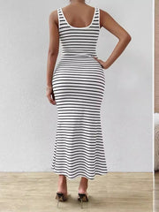 Split-Joint Striped Bodycon Sleeveless U-neck Midi Dresses