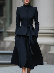 Long Sleeves Solid Color Tied Waist Mock Neck Outerwear