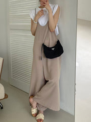 Solid Color Wide Leg Spaghetti-Neck Overalls
