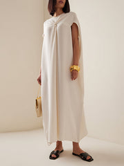 Pleated Solid Color Split-Joint Loose Raglan Sleeve Round-Neck Maxi Dresses