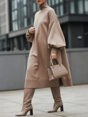 Solid Color Long Sleeves Loose High Neck Sweater Dresses Midi Dresses